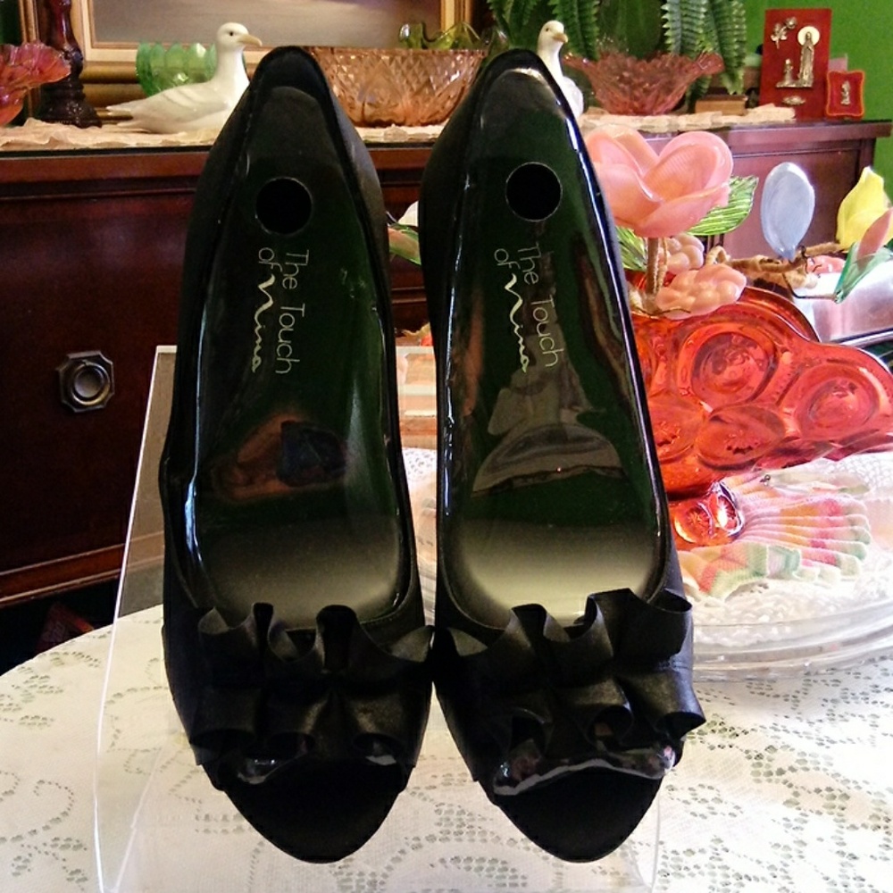Nina black peep toe heels sateen